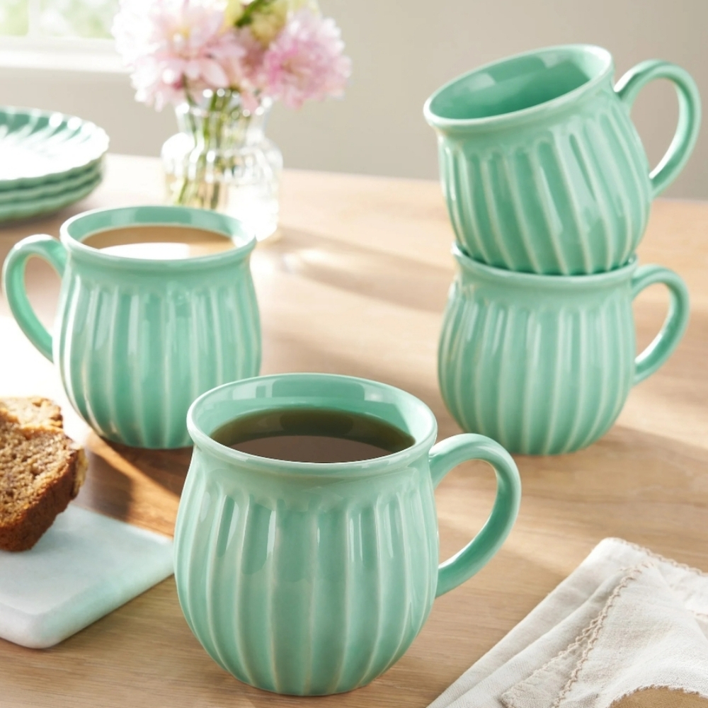 💕 The Pioneer Woman Colette Green Ribbed Ceramic Mugs Set Of 4